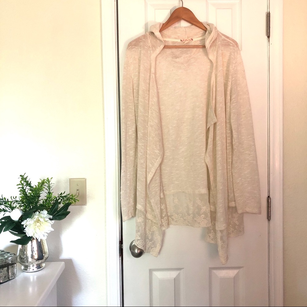 Ivory / cream hooded cardigan with lace trim